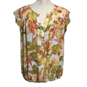Soho Jeans Top Cap Sleeve Sheer Floral Shirt Size XL Half Button Flowy Shirt